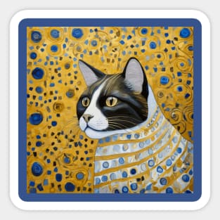 Gustav Klimt Style Tuxedo Cat with Blue and Gold Striped Coat Sticker